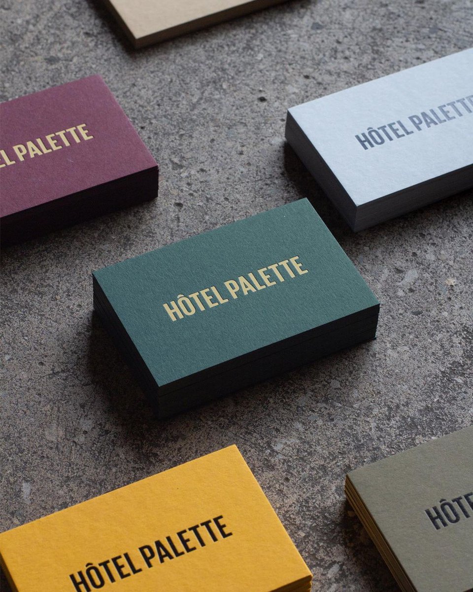 GFSmithpapers's tweet photo. Business cards for @HotelPalette printed on the leftover stock of #ExtractPapers Mustard and Khaki and @colorplanpapers Racing Green, Cool Blue, Harvest and Claret. Designed by Designed by Rich, and produced by @JotPaperCo. https://t.co/9kh8PeX48H