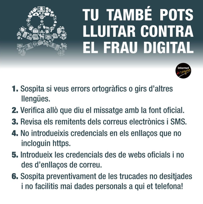 ciberseguracat's tweet photo. Si et demanen informació personal I no saps si es tracta d’una estafa, segueix aquest consells. T’evitaran molts maldecaps. Lluita contra el frau digital #StopFrauDigital https://t.co/zjDZADZ8Cv