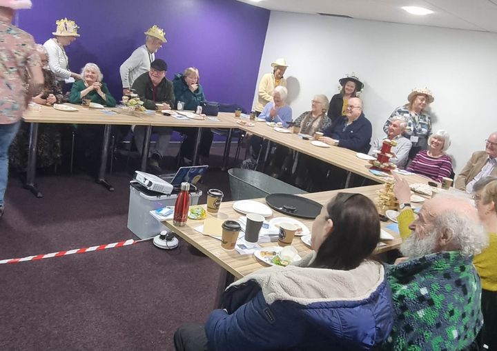 Coop_HowardBa's tweet photo. Carers and patients enjoying an Easter Parade of memories.  Thornton Practice PPG wore their Easter bonnets and a wonderful morning of cakes, tea, and Easter memories, songs with lots of laughter !. Happy Easter to all our patients! #ItsWhatWeDo #coop @Chrismottley #dementia https://t.co/ZXfMlS1RMv