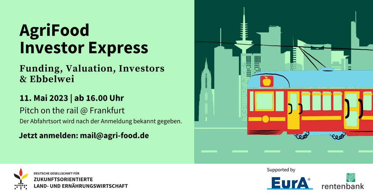 🚉 Wir laden New AgriFood Start-ups und Investoren am 11. Mai 2023 zu einem "Pitch on the Rail" durch Frankfurt am Main ein. Euch erwarten eine exklusive Funding-Masterclass, Elevator Pitch-Sessions,wertvolle Gespräche &amp; Ebbelwei. 🍾

Infos &amp; Anmeldung: agri-food.de/11-mai-agrifoo…