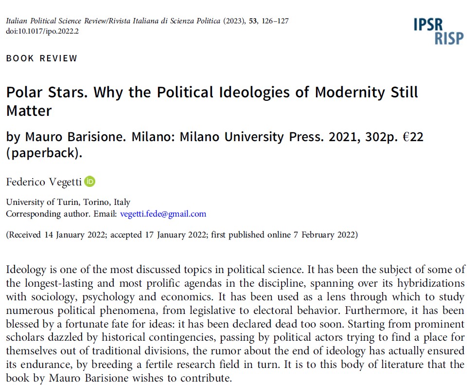 RISP Ita PolSc Rev (@ita_polsc_rev) on Twitter photo Another #BookReview is now out in Vol.53/1
<a href="/fedeunderstress/">Federico Vegetti</a> reviews <a href="/m_barisione/">mauro barisione</a>'s 🌟📖 volume: a theoretical framework to understand what are political #ideologies & how they characterize the political landscape in
Western democracies today
#free read⤵️
cambridge.org/core/journals/… Another #BookReview is now out in Vol.53/1
<a href="/fedeunderstress/">Federico Vegetti</a> reviews <a href="/m_barisione/">mauro barisione</a>'s 🌟📖 volume: a theoretical framework to understand what are political #ideologies & how they characterize the political landscape in
Western democracies today
#free read⤵️
cambridge.org/core/journals/…