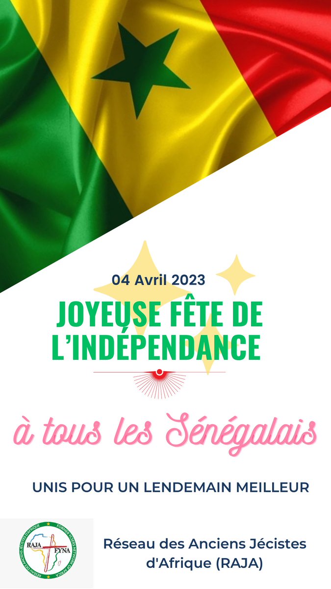 Le #RéseaudesAnciensJécistesdAfrique souhaite une joyeuse fête de l’Indépendance aux Sénégalais. Puisse cette journée aider à rassembler les filles et fils de la Terenga pour œuvrer à un Sénégal de Paix pour un lendemain meilleur. #RAJA #FYNA <a href="/RajaFyna/">RAJA-FYNA</a>