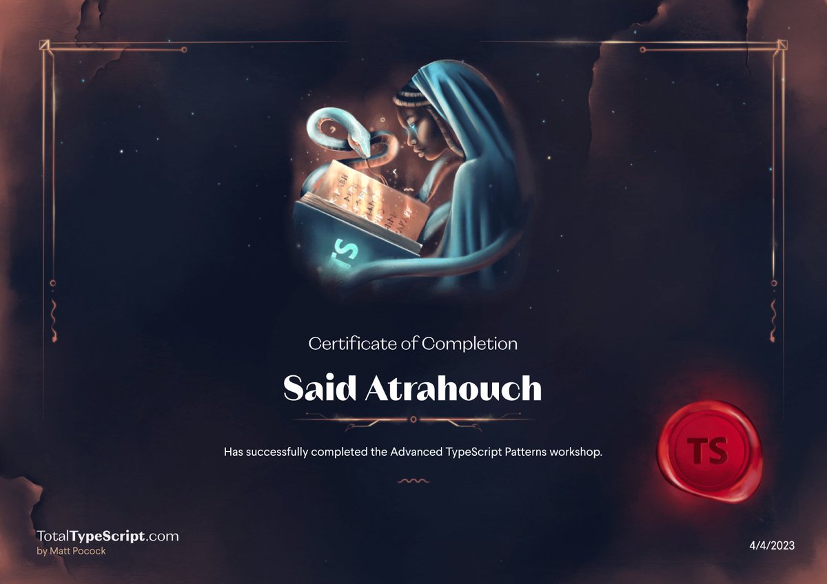 SaidAtrahouch's tweet photo. TotalTypescript course by @mattpocockuk finally complete. From "I know this" to:
- Is it possible?
- I need time to understand this.
- This is too magic. https://t.co/KUkfgNckUO