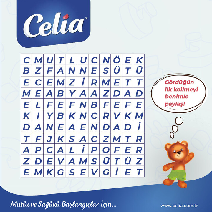 CeliaNutrition's tweet image. Gördüğün ilk kelimeyi bizimle paylaşmak ister misin? 💙🤰👶

#celianutrition #celiaileöğreniyorum #lipofer #palmyağı #lipoferteknolojisi #devamsütü #annebebek #annelik #hamilelik #bulmaca #bebekbeslenmesi #motherhood #annebebek