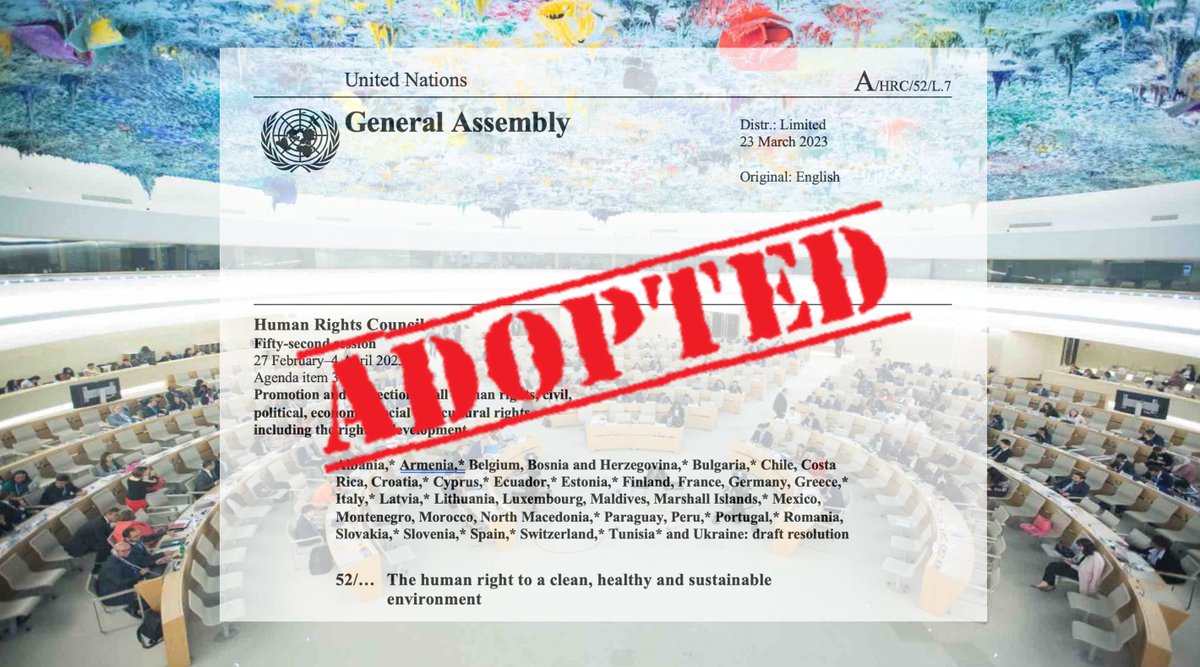 🎇ADOPTED: the 🇺🇳#UN Human Rights Council resolution on the human right to a clean, healthy and sustainable environment is adopted by *consensus*
👏gratitude to the core group that resisted pressure until the final hours🇨🇷🇲🇻🇲🇦🇸🇮🇨🇭
#TheTimeIsNow #HRC52 #HealthyEnvironmentForAll