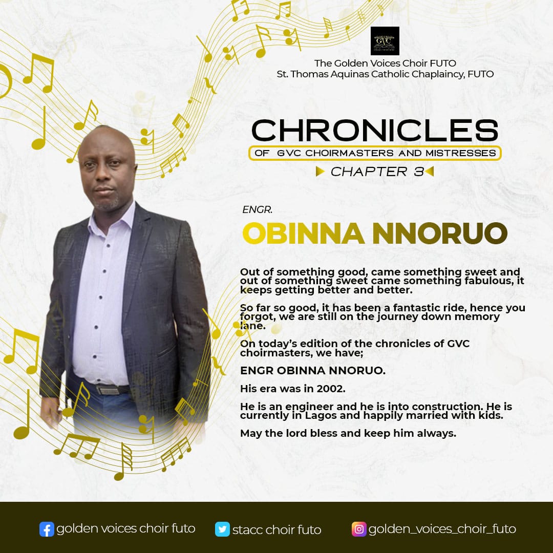 gvc_stacc_futo's tweet photo. On today's edition of chronicles of GVC choirmasters.
We present to you;
Engr Obinna Nnoruo whose era was in 2002.
May the good Lord bless and keep him always.
#GVC #chronicles #ChoirMaster #canzona #FUTO #viral https://t.co/jfNpRG0EoC