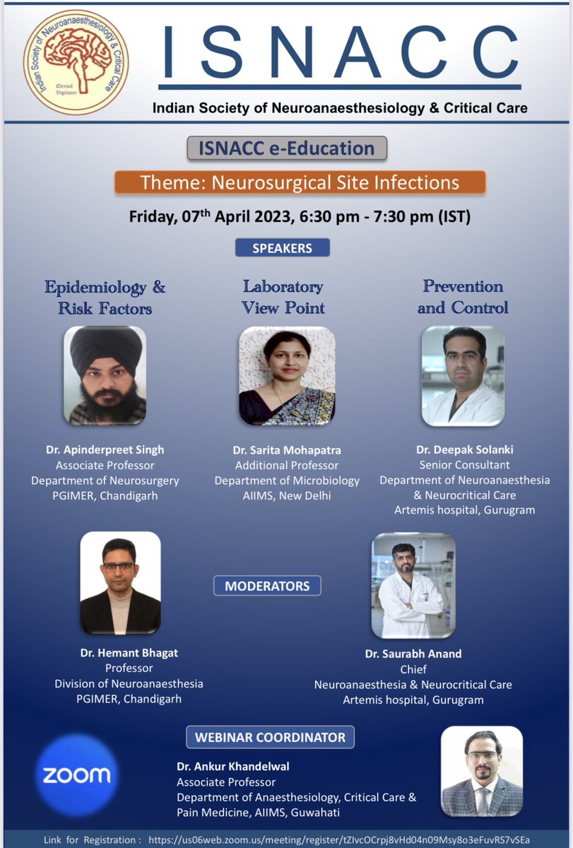 ISNACC (@isnaccindia) on Twitter photo #ISNACCe-Education Webinar <a href="/SNACCNeuro/">SNACC</a> <a href="/naccsuk/">🄽🄰🄲🄲🅂</a> <a href="/NCSIofficial/">Neurocritical Care Society of India</a> <a href="/ISANHQ/">INDIAN SOCIETY OF ANAESTHESIOLOGISTS</a> <a href="/girijarath/">Girija Rath</a>
Topic: Neurosurgical Site Infections
Date: Apr 7, 2023Time: 6:30 PM - 7:30 pm IST
Registration Link:
us06web.zoom.us/meeting/regist… #ISNACCe-Education Webinar <a href="/SNACCNeuro/">SNACC</a> <a href="/naccsuk/">🄽🄰🄲🄲🅂</a> <a href="/NCSIofficial/">Neurocritical Care Society of India</a> <a href="/ISANHQ/">INDIAN SOCIETY OF ANAESTHESIOLOGISTS</a> <a href="/girijarath/">Girija Rath</a>
Topic: Neurosurgical Site Infections
Date: Apr 7, 2023Time: 6:30 PM - 7:30 pm IST
Registration Link:
us06web.zoom.us/meeting/regist… 