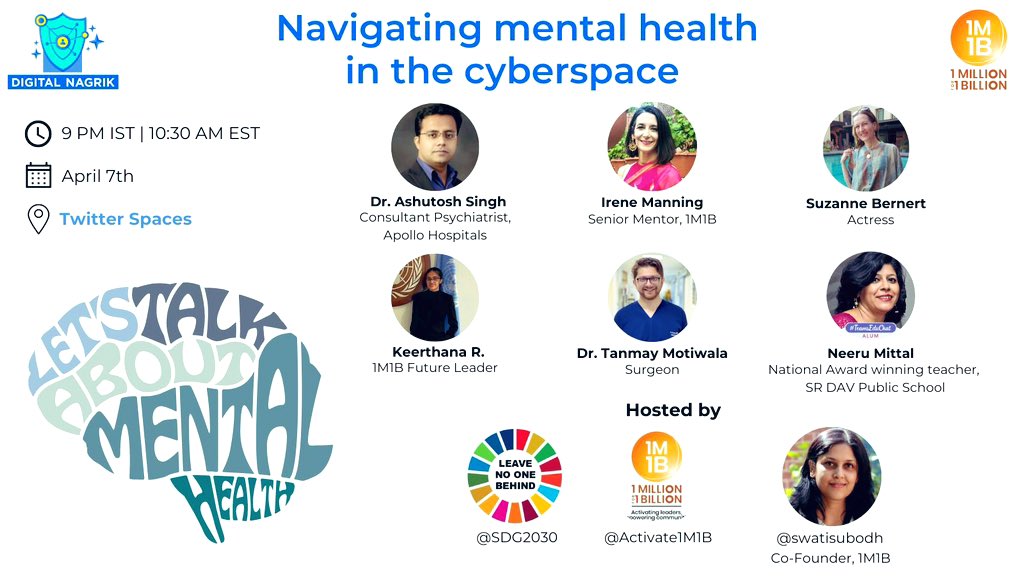 DigitalNagrik's tweet photo. #WHD2023 Join @SDG2030 @Activate1M1B discuss how social media affects #MentalHealth and the social health paradox.

@psych_indore @IreneManning234 @suzannebernert @MindsAligned @Least_ordinary @neerumittal11 @swatisubodh 

Set reminder: https://t.co/OKJqCNRBp4

@Rajeev_GoI https://t.co/uAIH6m79V4