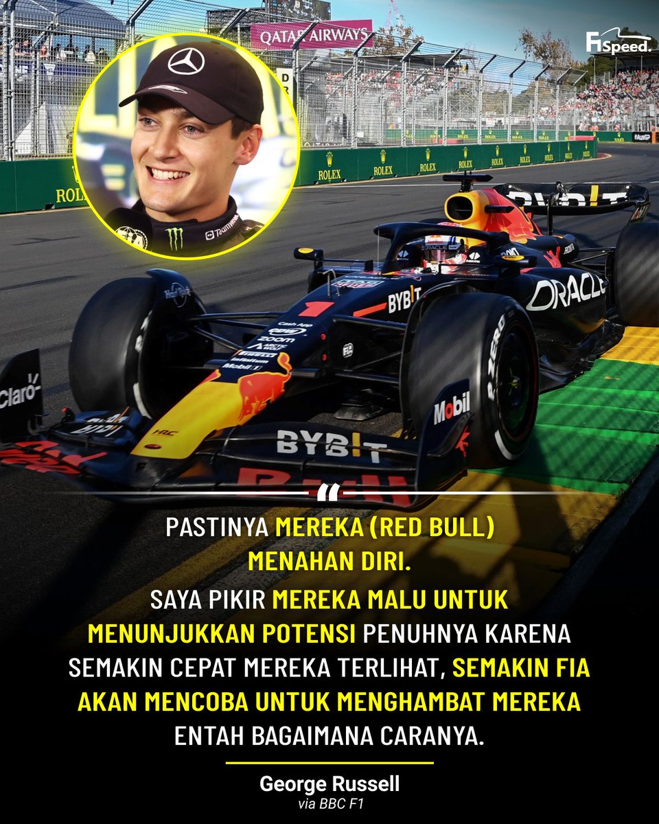 f1speed_indo's tweet photo. 🚨 Red Bull Takut Regulasi Diganti FIA?

George Russell berpendapat jika Red Bull sengaja menahan diri dan tidak menunjukan performa sebenarnya dari RB19.

Itu karena mereka takut keunggulan yang dibuat terlalu dominan dan membuat FIA merubah regulasi untuk menghentikan Red Bull. https://t.co/fNhTzgHuXB