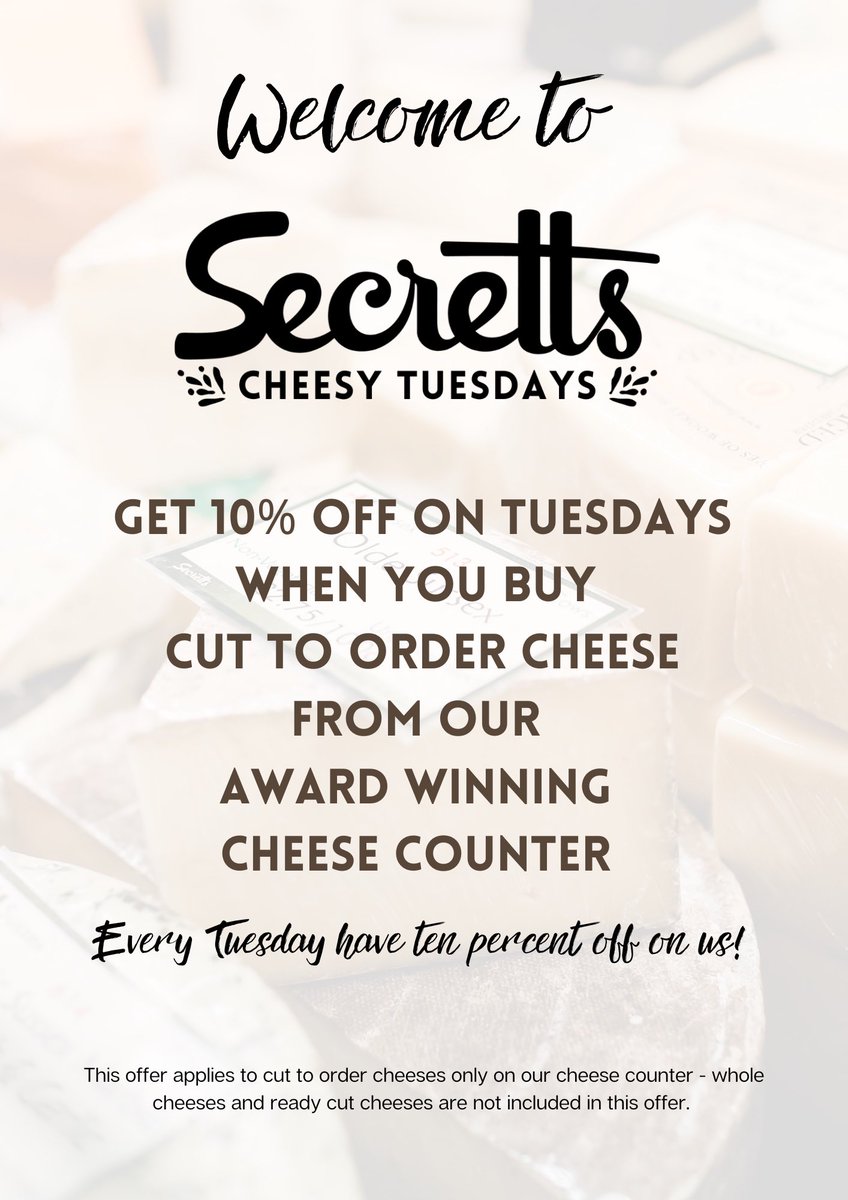Special offer starting today! Get 10% off cut to order cheeses every Tuesday!