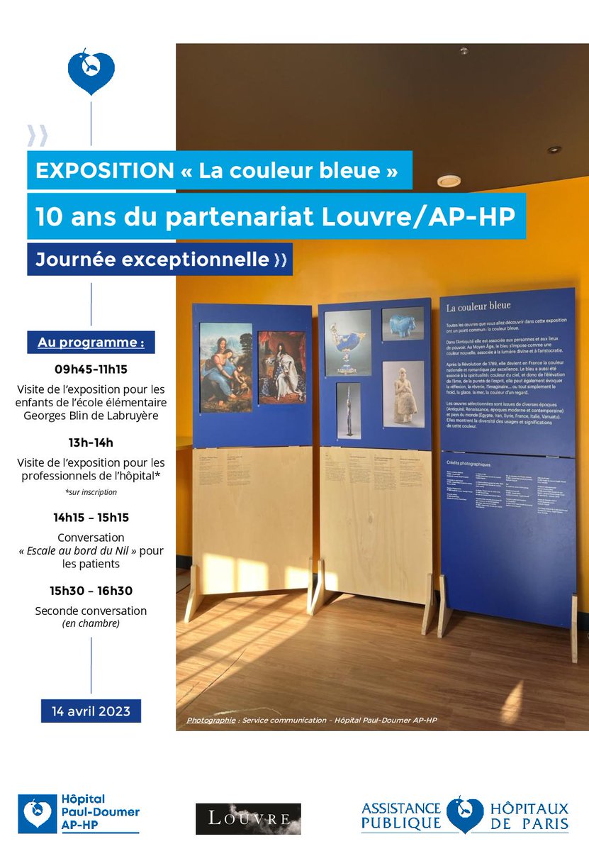 📣[Journée exceptionnelle]🖼️

Dans le cadre des 10 ans du #partenariat entre le <a href="/MuseeLouvre/">Musée du Louvre</a> et l'<a href="/APHP/">Assistance Publique – Hôpitaux de Paris (AP-HP)</a>, l'hôpital organise une journée exposition "La couleur bleue".
Le but 👉 offrir à tous le plaisir de découvrir et d'admirer les œuvres à travers des visites commentées.🗣️