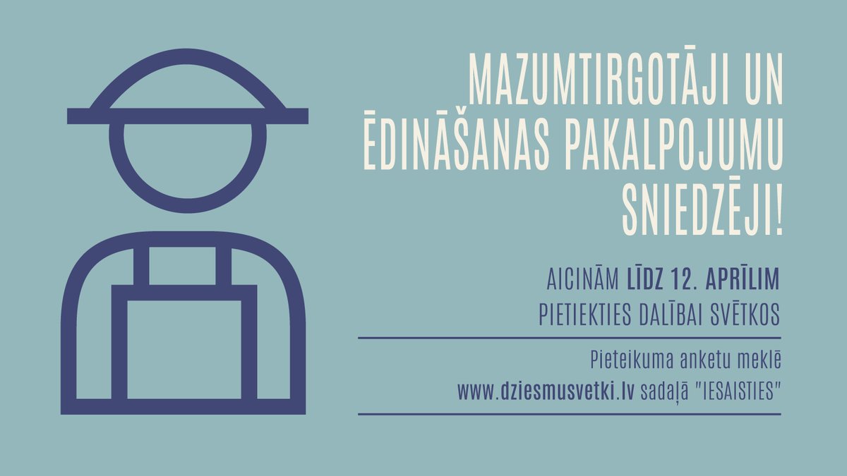 📣 Hei, mazumtirgotāji un ēdināšanas pakalpojumu sniedzēji! Nu ir klāt jūsu kārta pieteikties #DzSv2023! Aicinām to izdarīt līdz 12. aprīlim. Pieteikuma anketu meklējiet dziesmusvetki.lv sadaļā "IESAISTIES". Sirsnīgs paldies, ka kupliniet Dziesmu un deju svētku norisi!