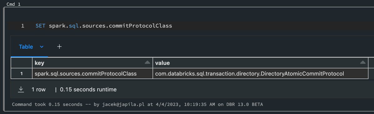 jaceklaskowski's tweet image. Dunno what I can make out of it, but just found out that s.s.sources.commitProtocolClass is different in #Databricks Runtime 13.0 from #ApacheSpark #SparkSQL 3.4.0.
I'm not saying it ever used to be the same either 😏
Something to keep in mind.