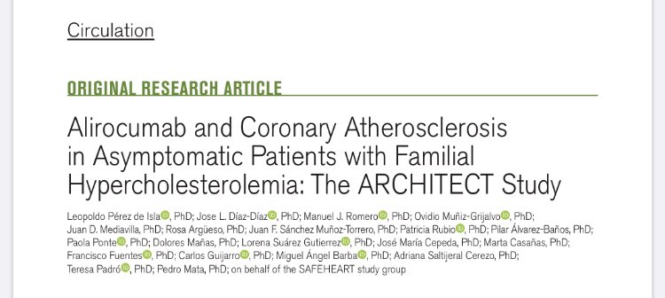 URiesgoV_HUJaen's tweet photo. 🔊📆📄 Resultados del #ARCHITECT 📊 en pacientes con #HipercolesterolemiaFamiliar 🩸🧬 

✔️Fase IV, 78 semanas seguimiento📈

✔️104 pacientes sin evento #Cardiovascular 💔 

✔️Estatinas 🔝➕Alirocumab💉

🏆 Regresión y estabilización de la placa de ateroma🔙 
#URV_HUJAprevencion https://t.co/YU3WQF6fIz