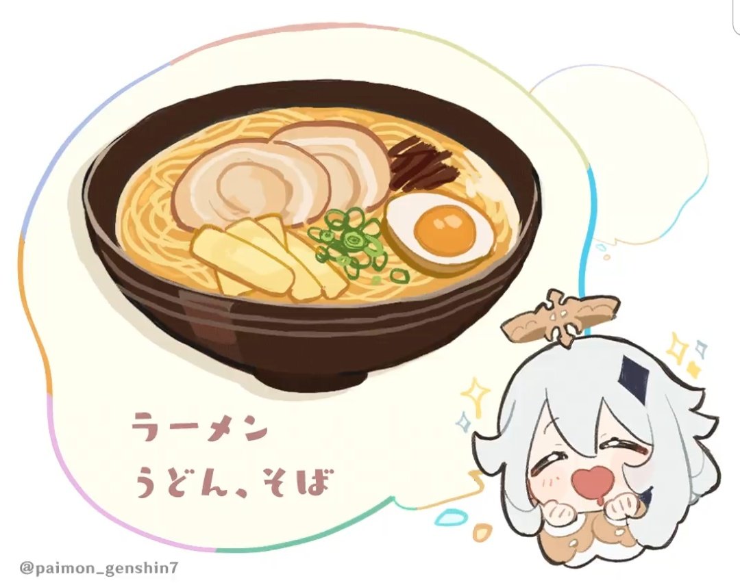 paimon (genshin impact) 1girl food halo closed eyes white hair noodles open mouth  illustration images