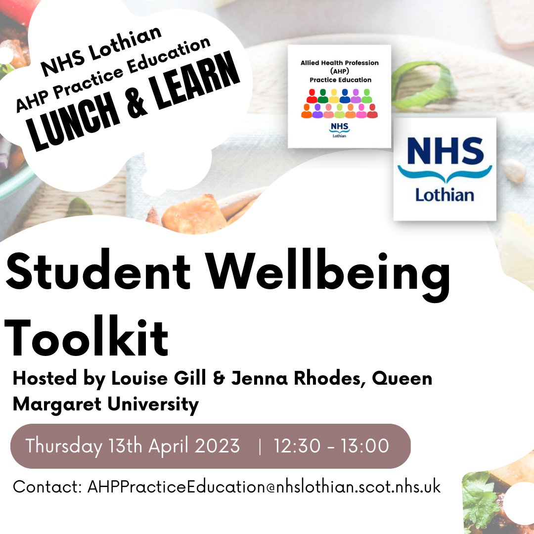 Our next Lunch and Learn session on Thurs 13th April will be on the QMU Student Wellbeing Toolkit - a valuable resource for students and practice educators from all universities!

Join the team here then join the session on the day: tinyurl.com/76vw4yu