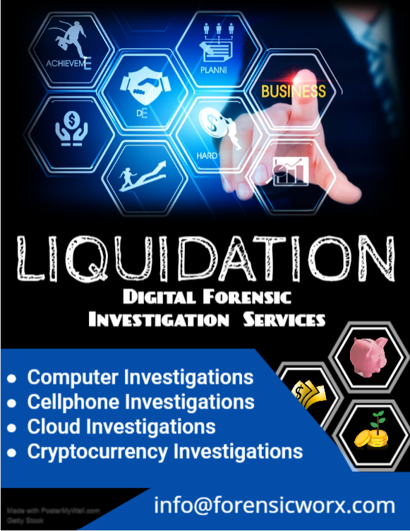 forensicworx's tweet photo. We provide Digital Forensic Investigation Services for Liquidators &amp; Cyber Insurance Companies. Computer, Cellphone, Cloud &amp; Cryptocurrency Investigations. Email: info@forensicworx.com for more info. #liquidations #cyberinsurance #southafrica #digitalforensics https://t.co/ql2TDk60VL
