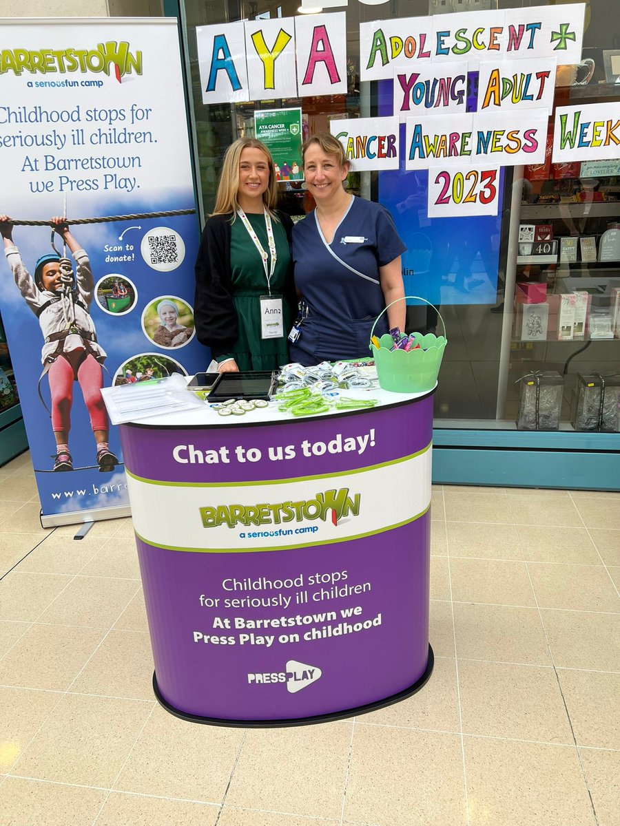 Barretstown (@barretstown) on Twitter photo It's #AYACancerAwarenessWeek and we are in <a href="/stjamesdublin/">St James's Hospital</a> chatting about our Young Adult Programme ๐๐
Our YA Programme is run in partnership with <a href="/IrishCancerSoc/">Irish Cancer Society</a> and serves young adults (18-24) who have or had cancer โก๏ธ barretstown.org/families-and-cโฆ
#CuredBut #AYA #ChildhoodCancer It's #AYACancerAwarenessWeek and we are in <a href="/stjamesdublin/">St James's Hospital</a> chatting about our Young Adult Programme ๐๐
Our YA Programme is run in partnership with <a href="/IrishCancerSoc/">Irish Cancer Society</a> and serves young adults (18-24) who have or had cancer โก๏ธ barretstown.org/families-and-cโฆ
#CuredBut #AYA #ChildhoodCancer