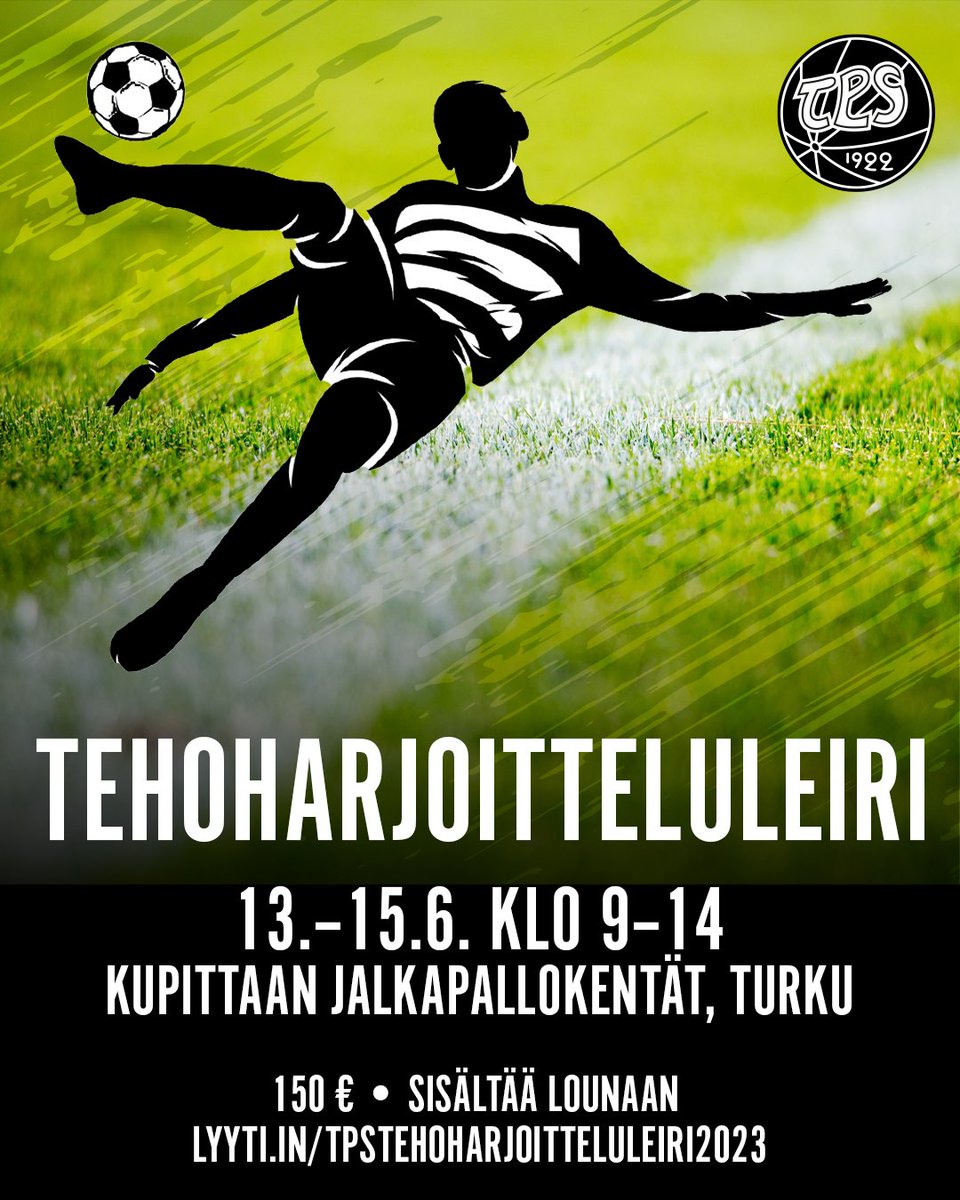 TPS järjestää tehoharjoitteluleirin 13.–15.6. ⚽

Edistyneemmille ja tavoitteellisesti pelaaville 8–12-vuotiaille pelaajille suunnatulle tehoharjoitteluleirille ovat tervetulleita kaikki pelaajat yli seurarajojen.

➡️ fc.tps.fi/fi/uutiset/jun…

#FCTPS #Turku #jalkapallo #junnufutis