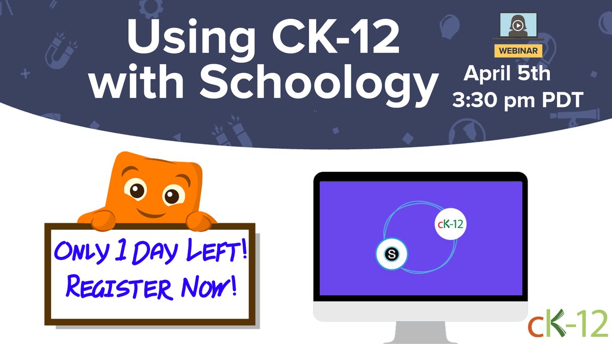 CK-12 Foundation (@ck12foundation) on Twitter photo Only one more day to register for our webinar and learn about CK-12's seamless integration with <a href="/Schoology/">Schoology</a>. This session will help you understand what is available from CK-12, such as engaging lessons, interactives, personalized practice, and more. #edchat us02web.zoom.us/webinar/registโฆ Only one more day to register for our webinar and learn about CK-12's seamless integration with <a href="/Schoology/">Schoology</a>. This session will help you understand what is available from CK-12, such as engaging lessons, interactives, personalized practice, and more. #edchat us02web.zoom.us/webinar/registโฆ