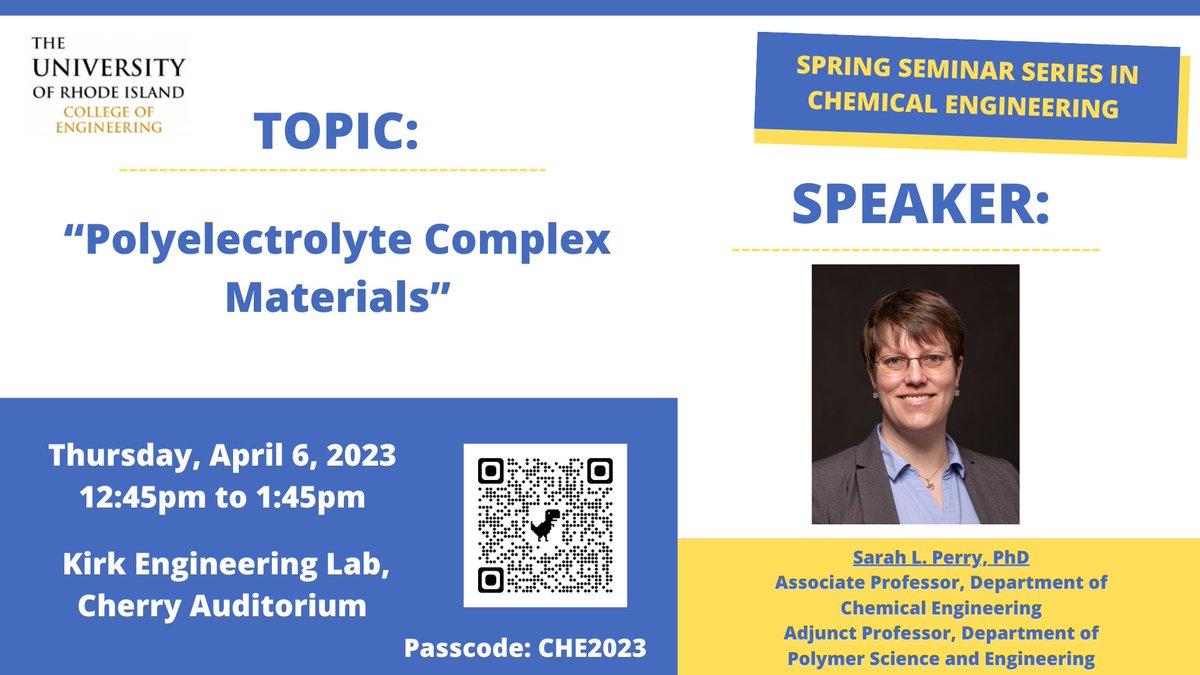 ChE Department welcomes Dr. Sarah Perry to URI on Thursday, 4/6 for our Spring Seminar Series. Looking forward to her presentation!  <a href="/perrys_lab/">Sarah Perry (she/her)</a> <a href="/RPS_lab/">Ryan Poling-Skutvik</a>