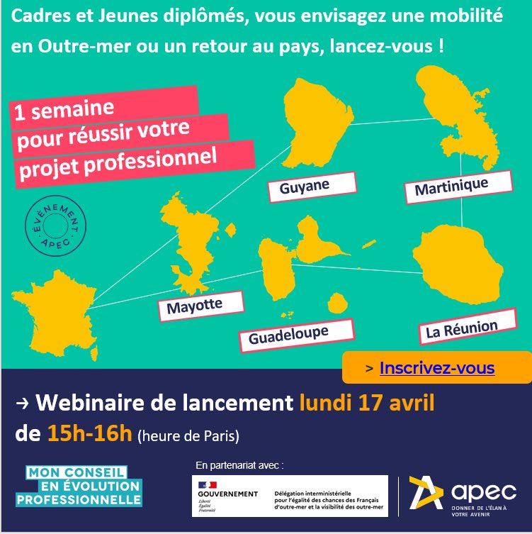 L’<a href="/Apecfr/">Apec.fr</a> organise une semaine d’évènements afin de vous aider à concrétiser votre projet de #mobilité ou de #RetourauPays en #outremer.
 On commence par un « live » le 17 avril de 15h00 à 16h00 (heure de Paris) pour bénéficier des conseils clés avant de partir 
 @lesoutremer