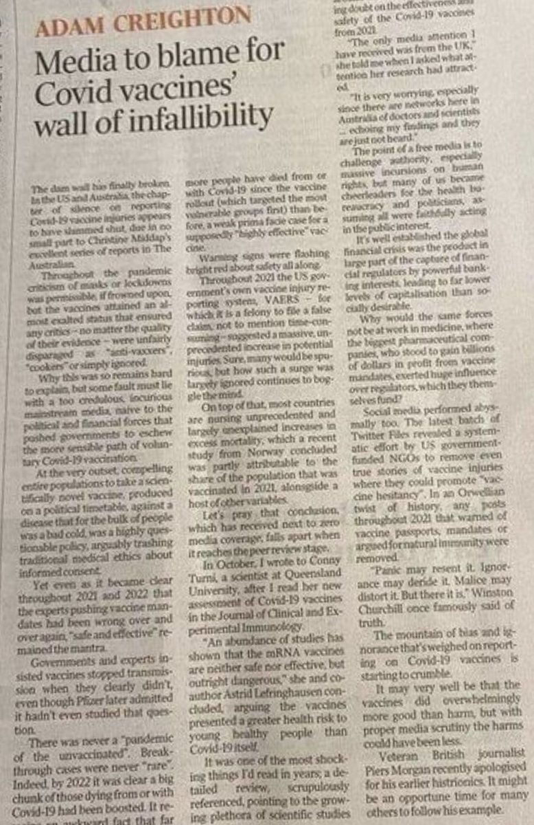 The dam wall has finally broken. In the US and Australia, the chapter of silence on reporting Covid-19 vaccine injuries appears to have slammed shut, due in no small part to Christine Middap’s excellent series of reports in The Australian.

theaustralian.com.au/nation/politic…