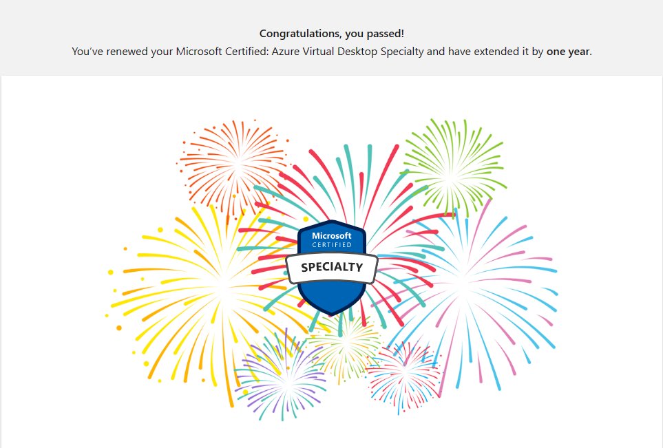 🥳 AZ-140 extended with one year. This was the last renewal for this year. I think. 😁

#AzureVirtualDesktop #AVD #MCT #MCTBuzz #NeverStopLearning