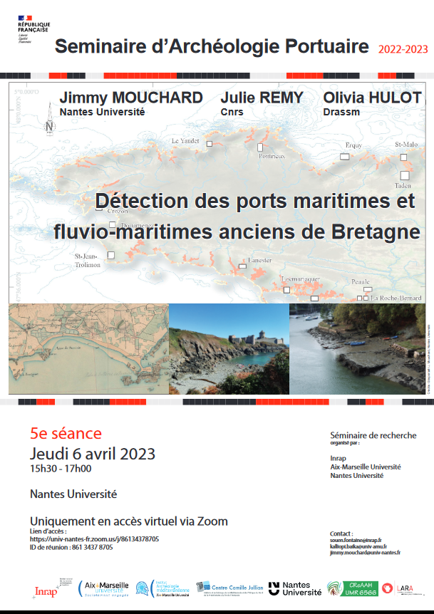 📢 Jeudi 06/04 à 15h30, suivez en visio 🧑‍💻 le Séminaire 'Détection des ports maritimes et fluvio-maritimes anciens de Bretagne' par Jimmy Mouchard @NantesUniv, Julie REMY @CReAAH_UMR6566 @CNRS_dr17 @INEE_CNRS et Olivia HULOT @Drassm_Culture
@Inrap @univamu @CCJ_CNRS @arkaia_amu