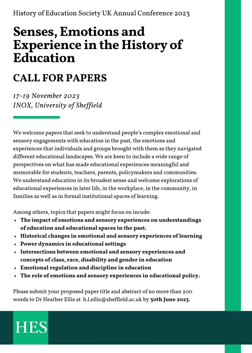The call for papers countdown begins! 

Only one month left to send in your abstracts for @HistEdSocUK's annual conference on 'Senses, Emotions and Experience in the History of Education'.

#histed #history #education #twitterstorians

Find out more here:

historyofeducation.org.uk/conference/