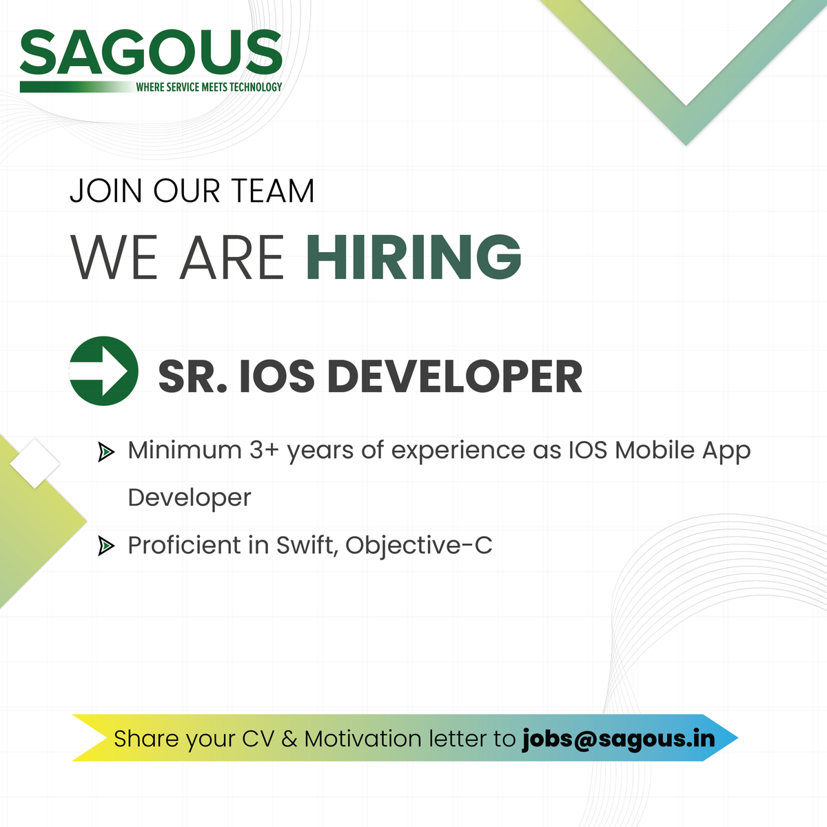 We are #hiring 📢 Sr. iOS Developer

Apply now - bit.ly/3jhs7xo

Location: #chennai

🌐 sagous.in

📩 jobs@sagous.in

#sagous #ios #iosdeveloper #iosdevelopers #iosjobs #techjobs #iosappdeveloper #iosapplication #flutter #job2023 #flutterjobs