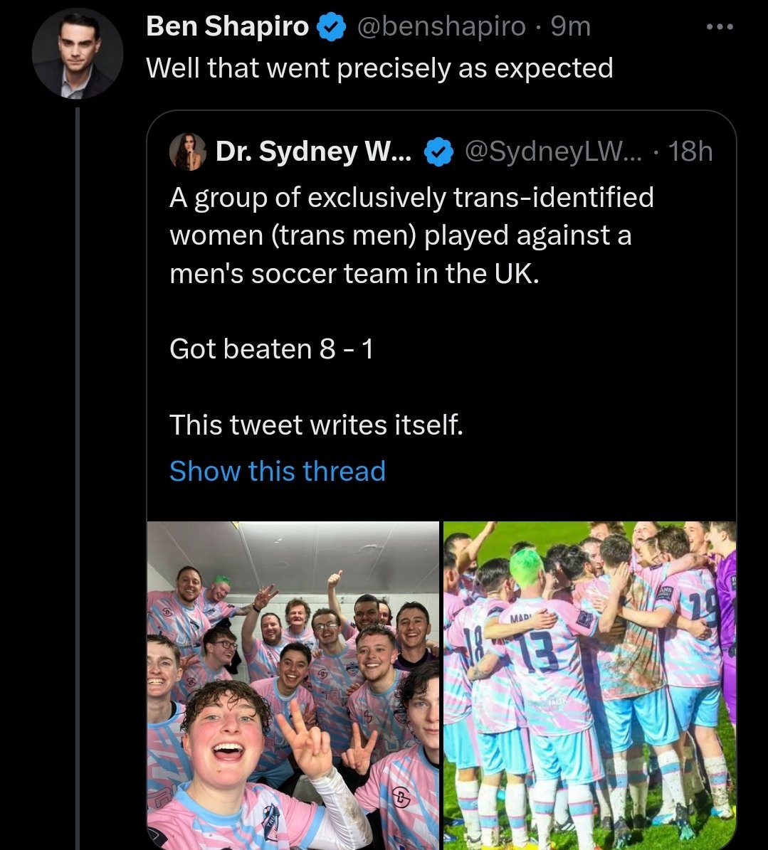LauraJedeed's tweet photo. If I were Ben Shapiro I might not base gender definition on soccer prowess idk https://t.co/OGSfJsTdyV