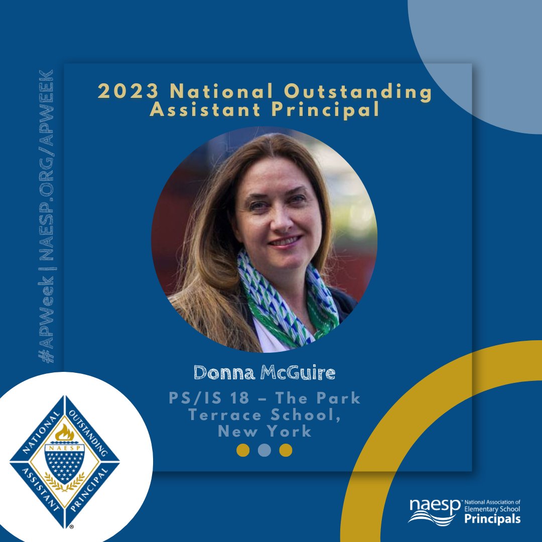 NAESP's tweet photo. Congratulations to Donna McGuire (@CSA_District_6) of PS/IS 18 – The Park Terrace School for being recognized as a 2023 National Outstanding Assistant Principal! Read her best practices as an AP at https://t.co/l8RaFCickJ. #APWeek #NOAP @NAESP https://t.co/htPGRvXtqy