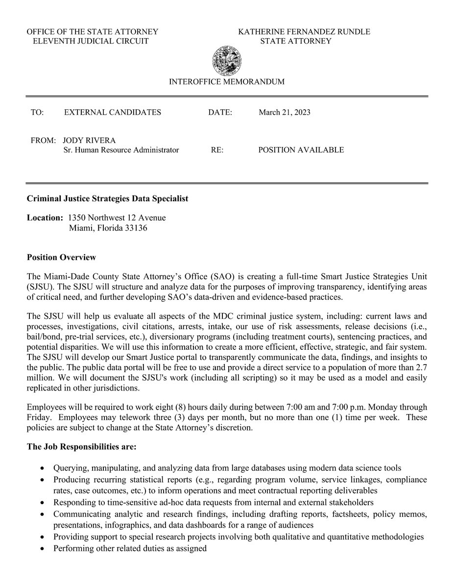 KathyFndzRundle's tweet photo. To apply for this position, please complete and submit an application and updated resume to: SAOJobs@MiamiSAO.com with the Subject: Criminal Justice Analyst. Applications can be downloaded from our website at: #miamisao (2/2) https://t.co/mA5u9w24y0