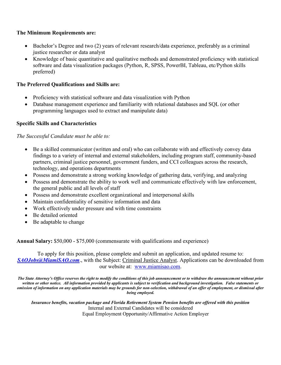 KathyFndzRundle's tweet photo. To apply for this position, please complete and submit an application and updated resume to: SAOJobs@MiamiSAO.com with the Subject: Criminal Justice Analyst. Applications can be downloaded from our website at: #miamisao (2/2) https://t.co/mA5u9w24y0