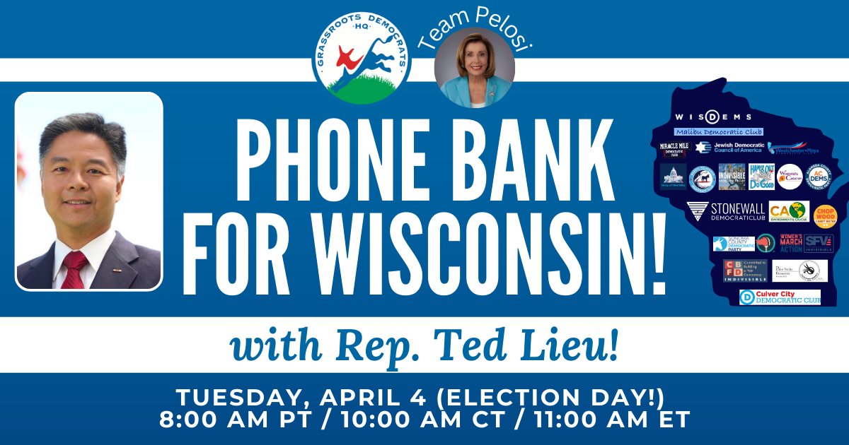 GrassrootsDemHQ's tweet photo. IT'S ELECTION DAY IN WISCONSIN! 🤩

⏰ Less than 1️⃣2️⃣ remain until the polls close.

We're kicking off our #ElectionDay phone bank with Rep. @tedlieu at 8am PT / 10am CT / 11am ET!

It's not too late to RSVP and make calls for @janetforjustice!

Can we count on you to make calls? https://t.co/nIvkVVHuvn