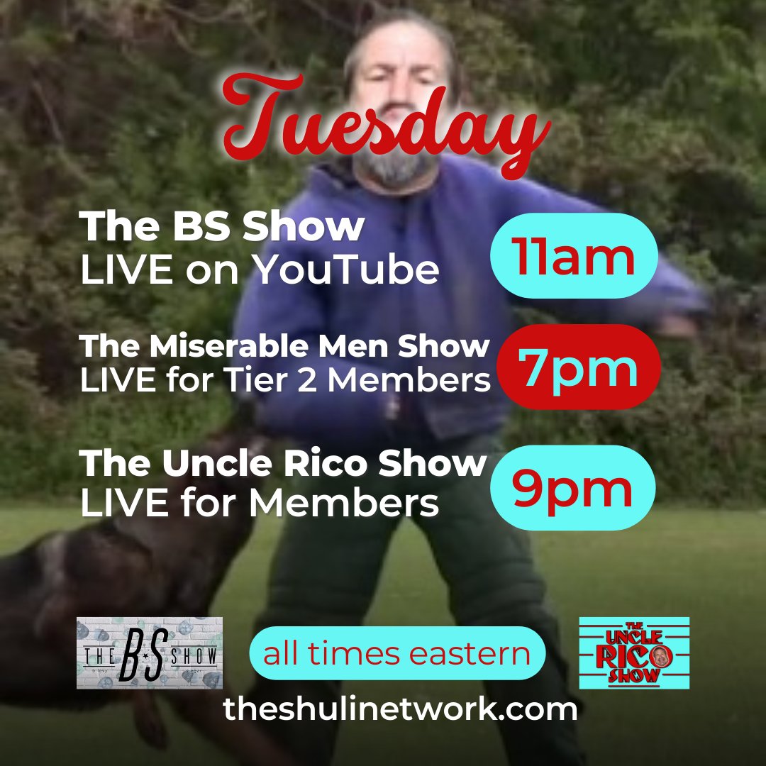 Today on The Shuli Network: The BS Show LIVE for FREE on YouTube @ 11am est The Miserable Men Show LIVE for Tier 2 members @ 7pm est The Uncle Rico Show LIVE for channel and Patreon members @ 9pm est Not a channel member? Join here: youtube.com/channel/UC8DQm… #comedy #podcast