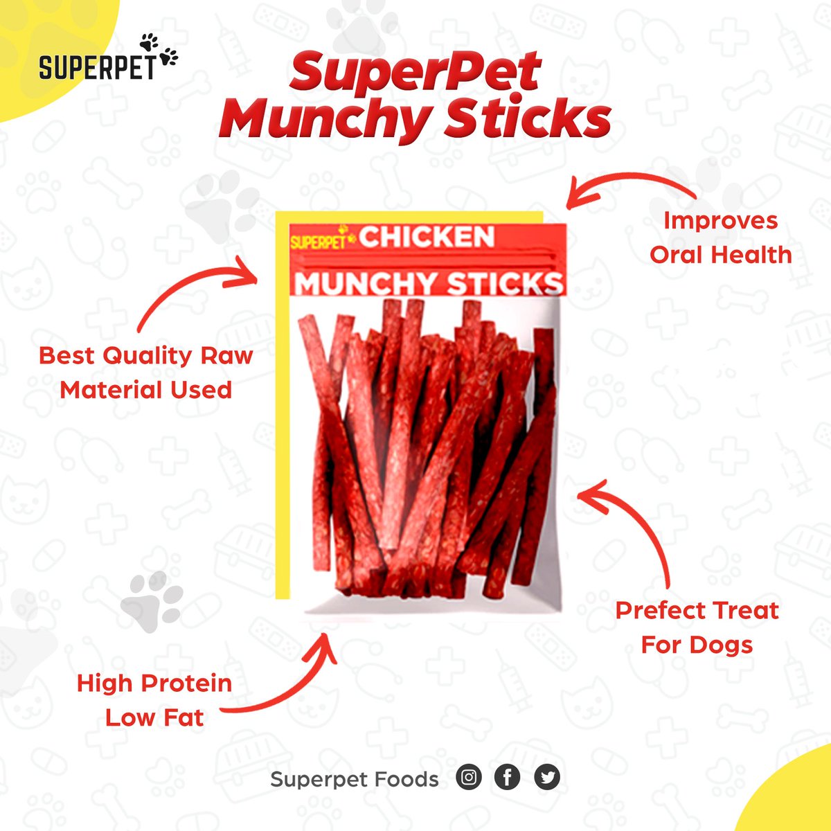 SuperPet Munchy Sticks - The wholesome goodness of a pure, nutritious, and highly digestible treat. 
 
#Superpet #Superpetindia #quotes #puppyfood #petfood #dogfood #catfood #kittenfood #pethealth #petcare #petnutrition #puppyhealth #puppycare #dogfood #dogcare #dogtreat