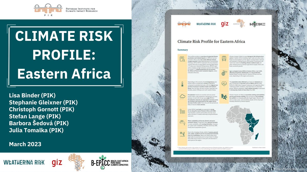 Air temperatures could rise by up to 3.9°C by 2080 whith drastic consequences on the health and wellbeing of people in Eastern Africa. New regional climate risk profile for developed jointly by #PIK projects #AGRICA, #WeatheringRisk and @EpiccPiK  weatheringrisk.org/en/publication…