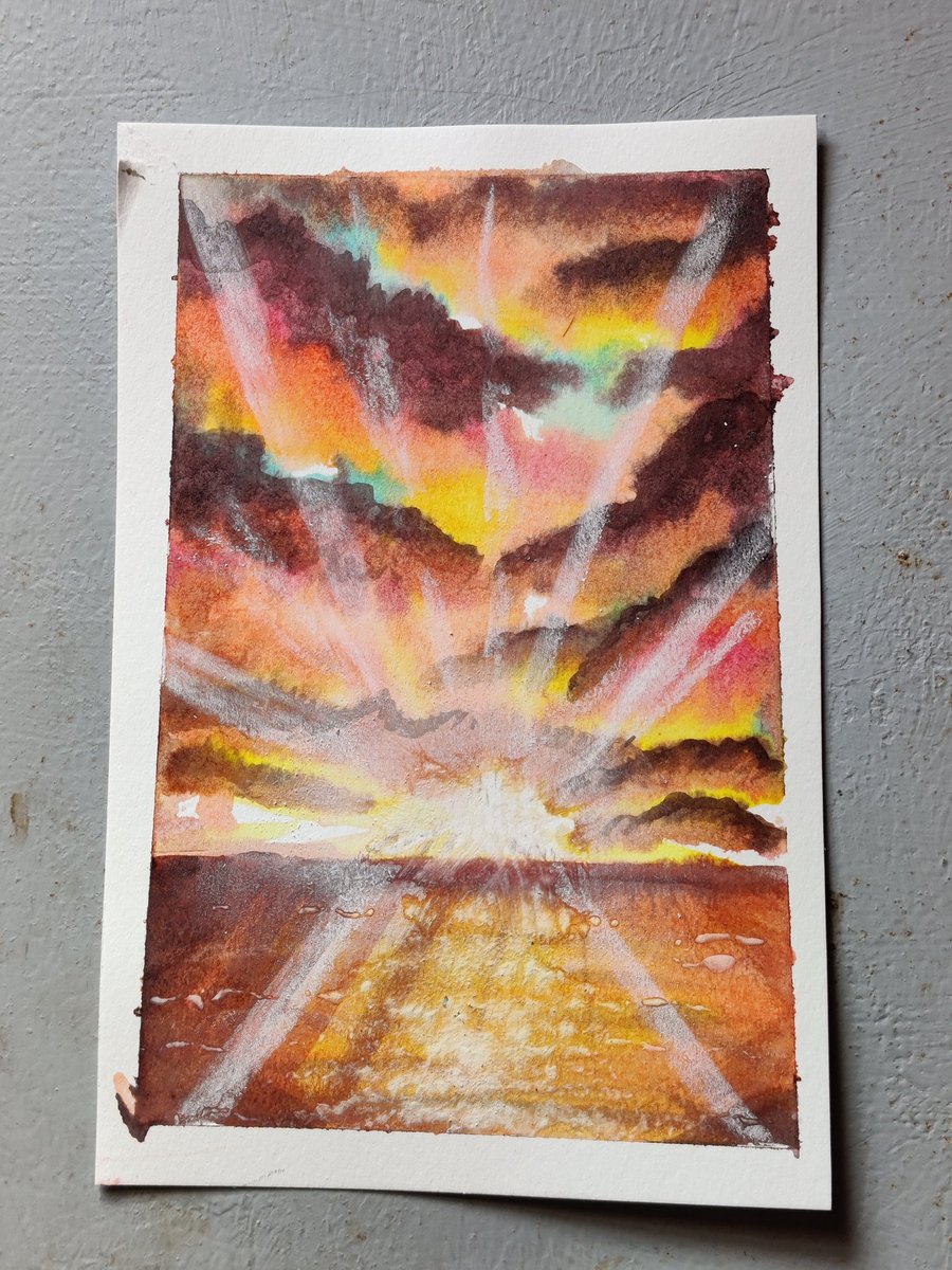 Skullcapforager's tweet photo. Sunrise over the water #watercolor #paintings https://t.co/v2fstG0HKF