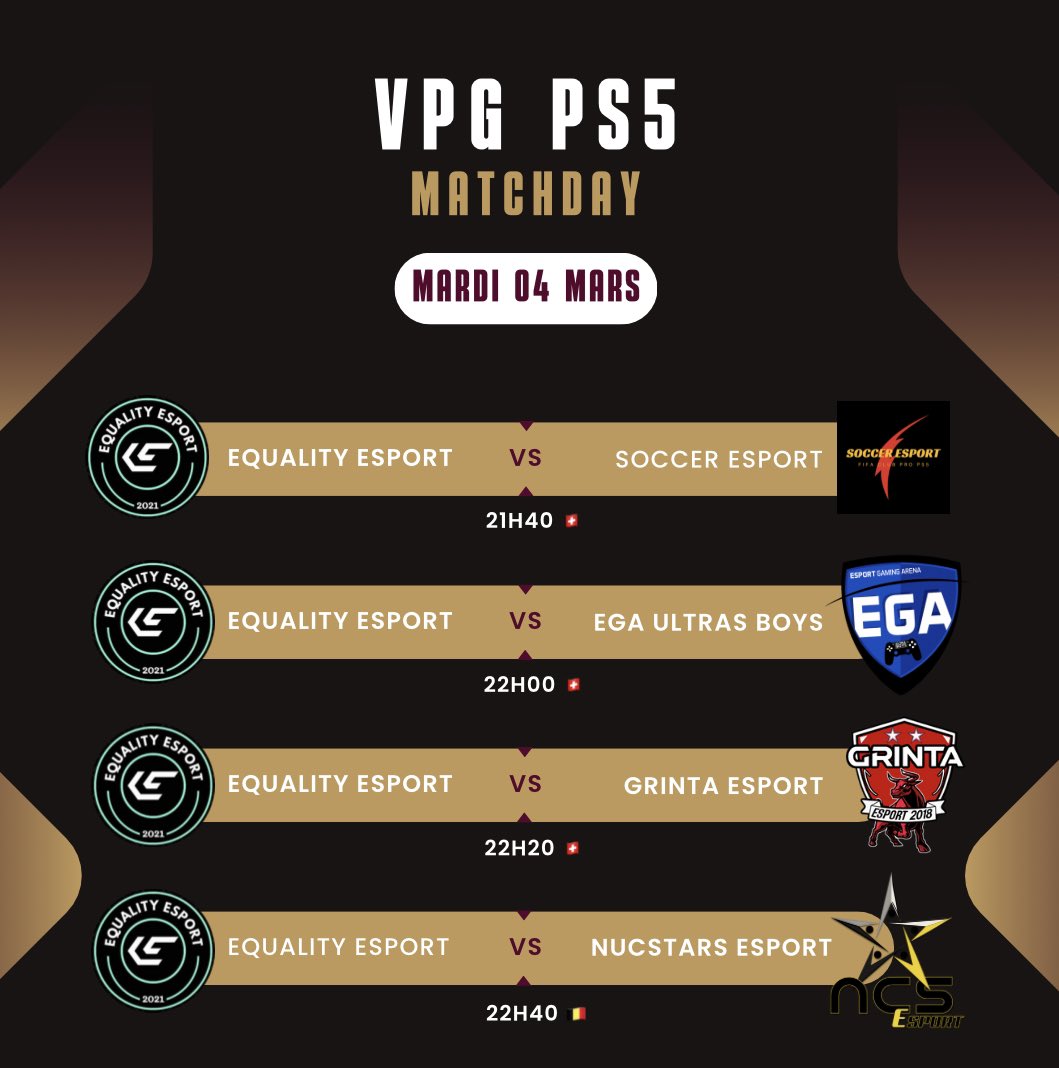 ⚫️⚪️MATCHDAY⚪️⚫️

🏆| @swissvpg
🏟️| 🆚 <a href="/soccer_esport/">Soccer Esport</a> 
🏟️| 🆚 @ega_ultras_boys
🏟️| 🆚 @grintaesport 

🏆| <a href="/belgique_vpg/">VPG BELGIQUE 🇧🇪</a>
🏟️| @nuCstarsesport 

Vous pouvez nous retrouver à partir de 21h20 sur la chaîne : twitch.tv/kaayootv