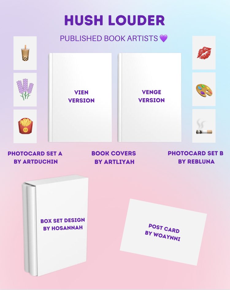 irshwndy's tweet photo. Clue #4 Reveal:
Introducing the lineup of artists for Hush Louder's published book! 😍💜✨ #DocttorneyIsHere @LIBOfficialPage https://t.co/IyQcKFflhc