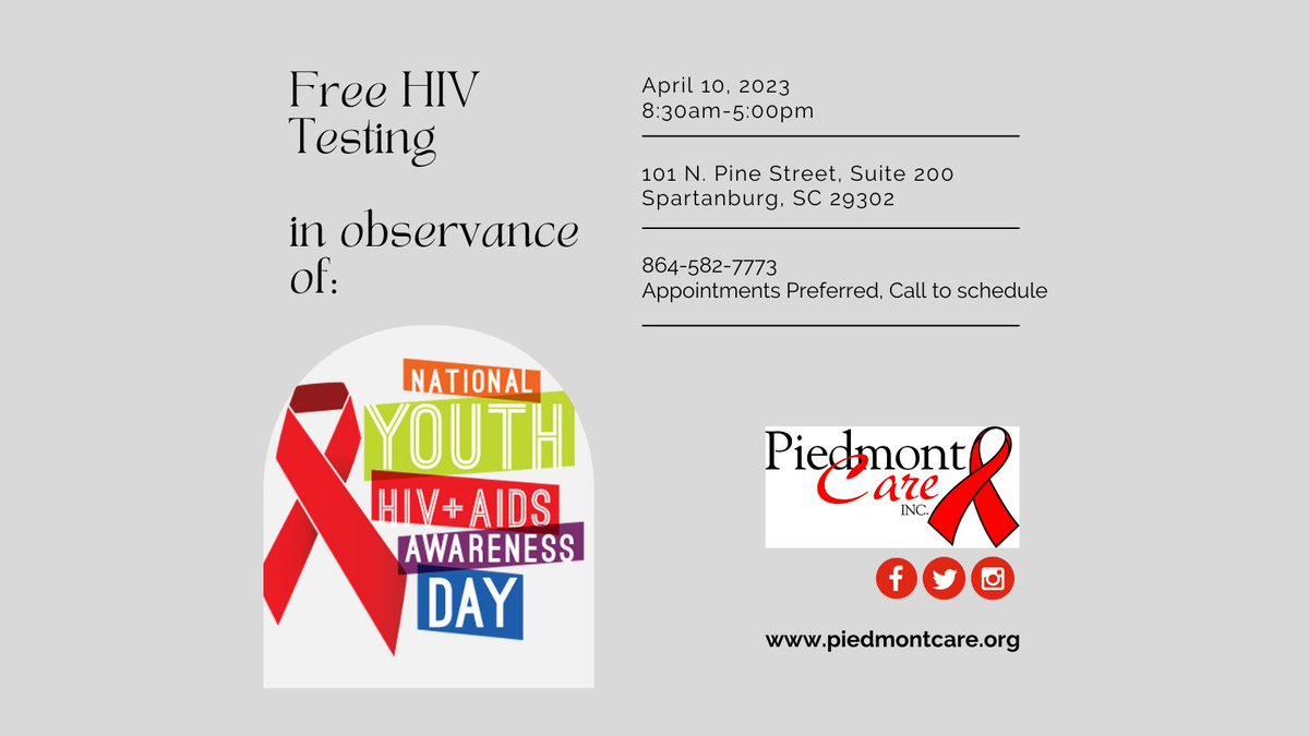 April 10: Free HIV Testing in observance of National Youth HIV/AIDS Awareness Day. 

Appointments preferred, call 864-582-7773 to schedule. 

#NYHAAD #LetsStopHIVTogether