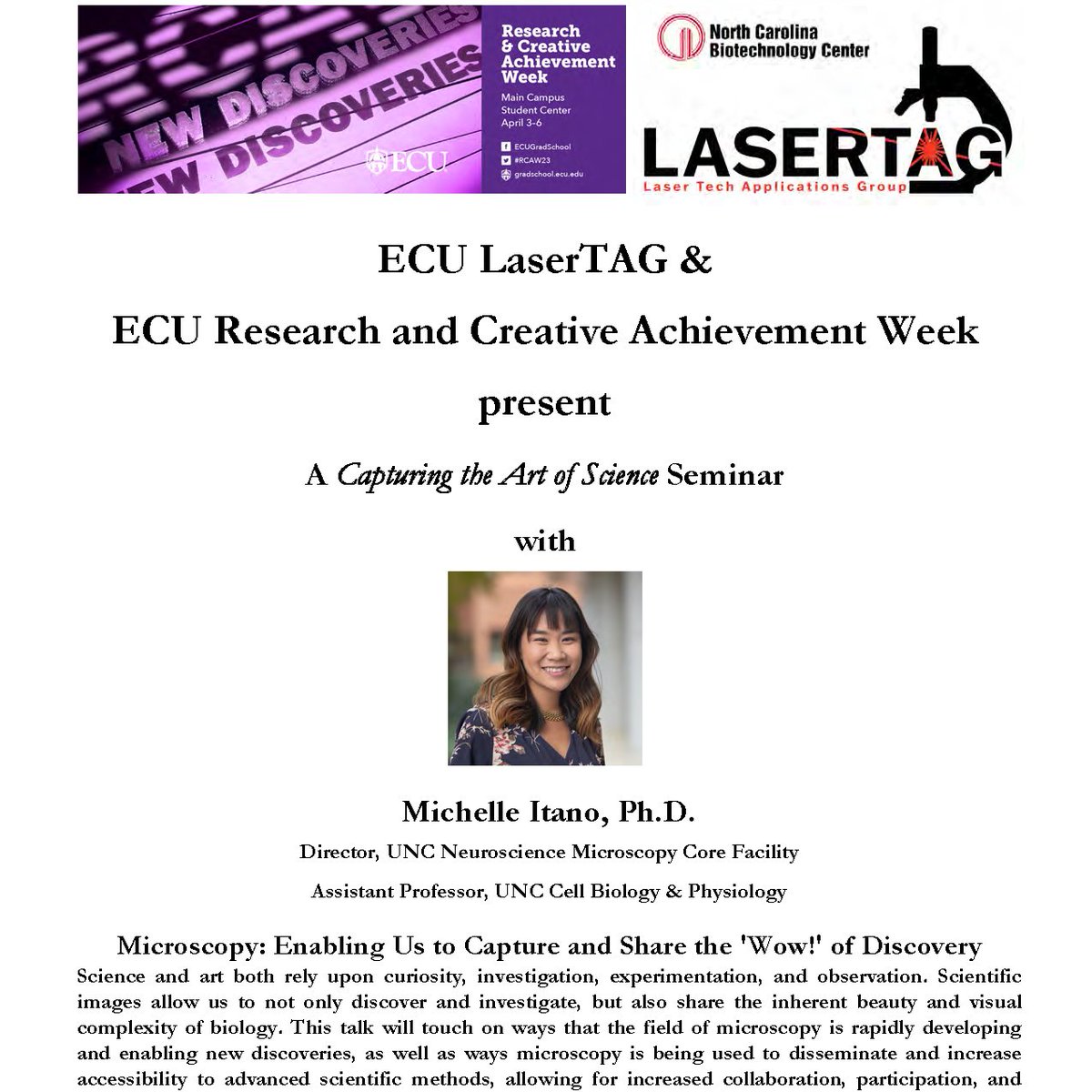 ECLaserTag's tweet image. Excited to celebrate the art of science with our first keynote address by @MichelleItano during @ecurcaw @ECUResearch
