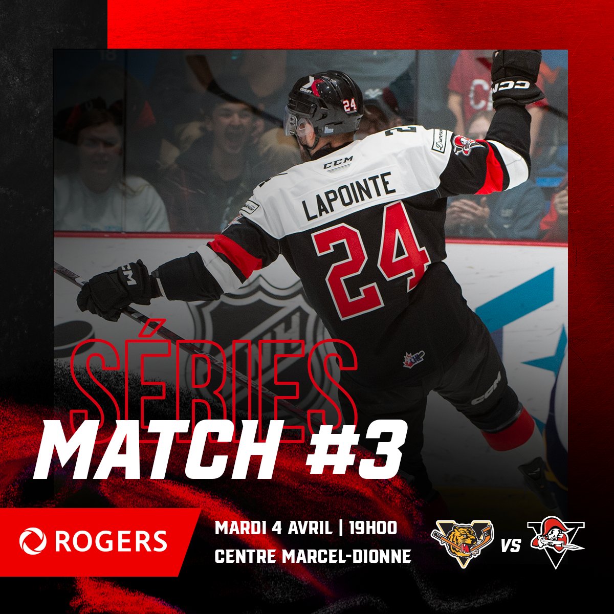 𝐒𝐞́𝐫𝐢𝐞𝐬 | 𝐑𝐨𝐧𝐝𝐞 𝟏, 𝐌𝐚𝐭𝐜𝐡 𝟑 | 🗓

Premier match au Centre Marcel-Dionne de cette série 4 de 7 contre les <a href="/TigresVicto/">Tigres de Victoriaville</a>! La série est égale 1-1! 🤜 🤛

L'organisation des Voltigeurs vous invite à porter du 𝙍𝙤𝙪𝙜𝙚 pour l'occasion. 🔴

#Séries2023 
#GoRouges