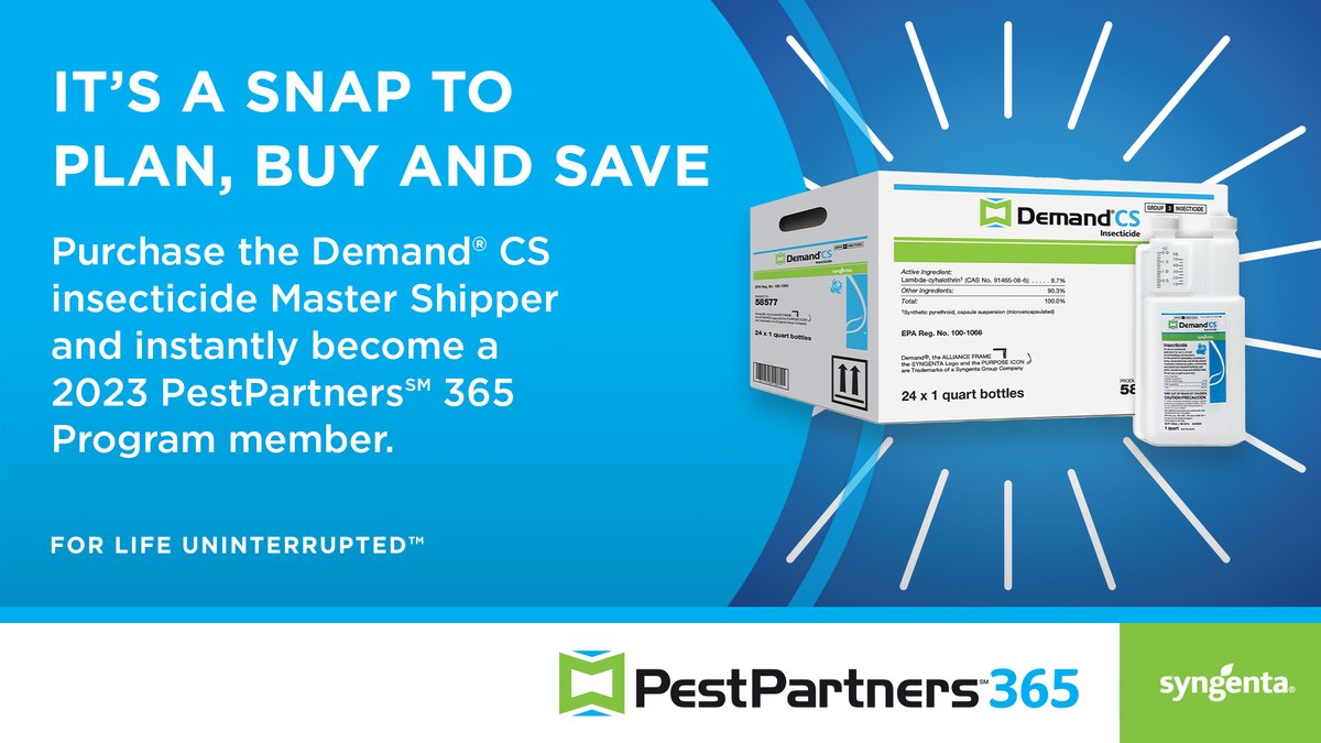 SyngentaPest's tweet photo. Only 1 month left to secure yearlong savings in 2023! Donโt miss the chance to save all year on Syngenta product purchases as a 2023 #PestPartners365 Program member. ๐ฐ
Instantly become a member by purchasing 1 #DemandCS Master Shipper. Get started: https://t.co/TyyQ2kjNEa https://t.co/9s696llijL