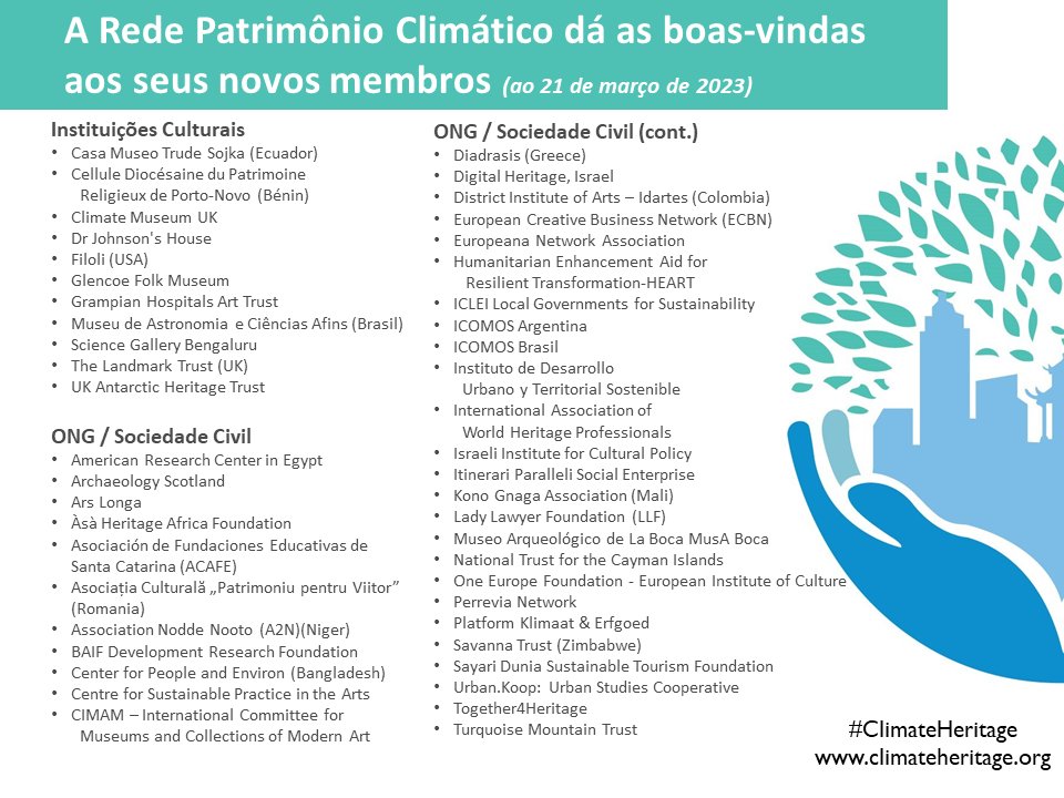 Junte-se a nós na celebração de 92 novos membros da rede #ClimateHeritage colaborando para desbloquear o poder da cultura para ajudar as pessoas a imaginar e realizar um futuro de baixo carbono, justo e resiliente ao clima!

climateheritage.org/press/2023/92-…

#PatrimônioClimático