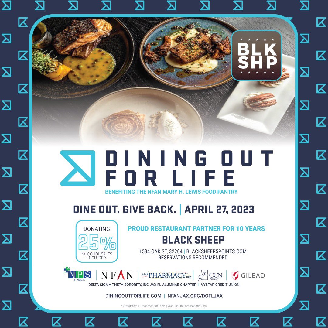 DOFLJax's tweet photo. Black Sheep has been a DOFLJax Restaurant Partner for 10 years. This year, on April 27, they will donate 25% (including alcohol sales) of your bill directly to NFAN Mary H. Lewis Food Pantry. Thank you, Black Sheep, for participating in this year's event.
https://t.co/eNBpELAE9j https://t.co/Mvx2PQrHrU