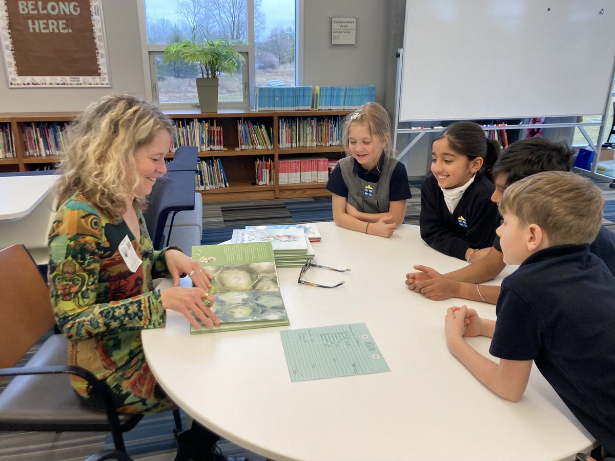 SJK_School's tweet photo. The author of this year's Blue Spruce Forest of Reading nomination, Rodney Was a Tortoise, visited SJK! @NanForler spoke to SK to Gr. 2 students about her work, the writing process, and getting published. She signed copies of her books for students, too! #ThisIsSJK https://t.co/3yS5TtLTs1