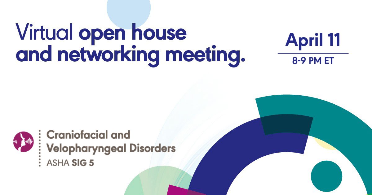 ASHAWeb's tweet photo. Interested in learning more about SIG 5, Craniofacial and Velopharyngeal Disorders? Check out SIG 5’s virtual Open House and Networking meeting to network with current SIG 5 affiliates and learn about the benefits of joining a SIG. #ASHASIG5 #ASHASIGs https://t.co/PsL1maQkh3 https://t.co/J9rpBxujSx